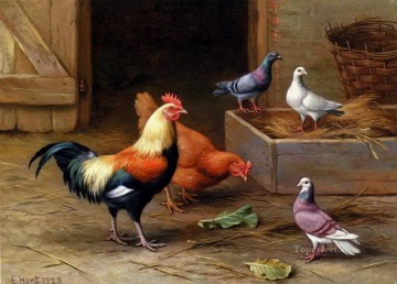 Hunt Edgar 1870 1955 Poulets Pigeons et une colombe Peinture à l'huile